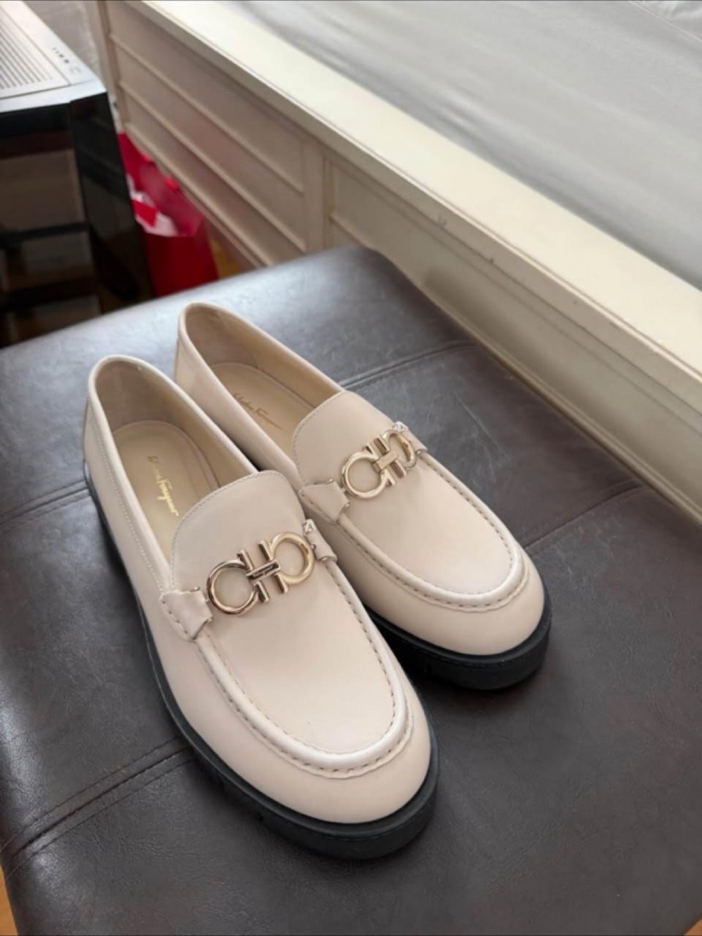 Salvatore Ferragamo Cream Leather Loafers with Gold Gancini